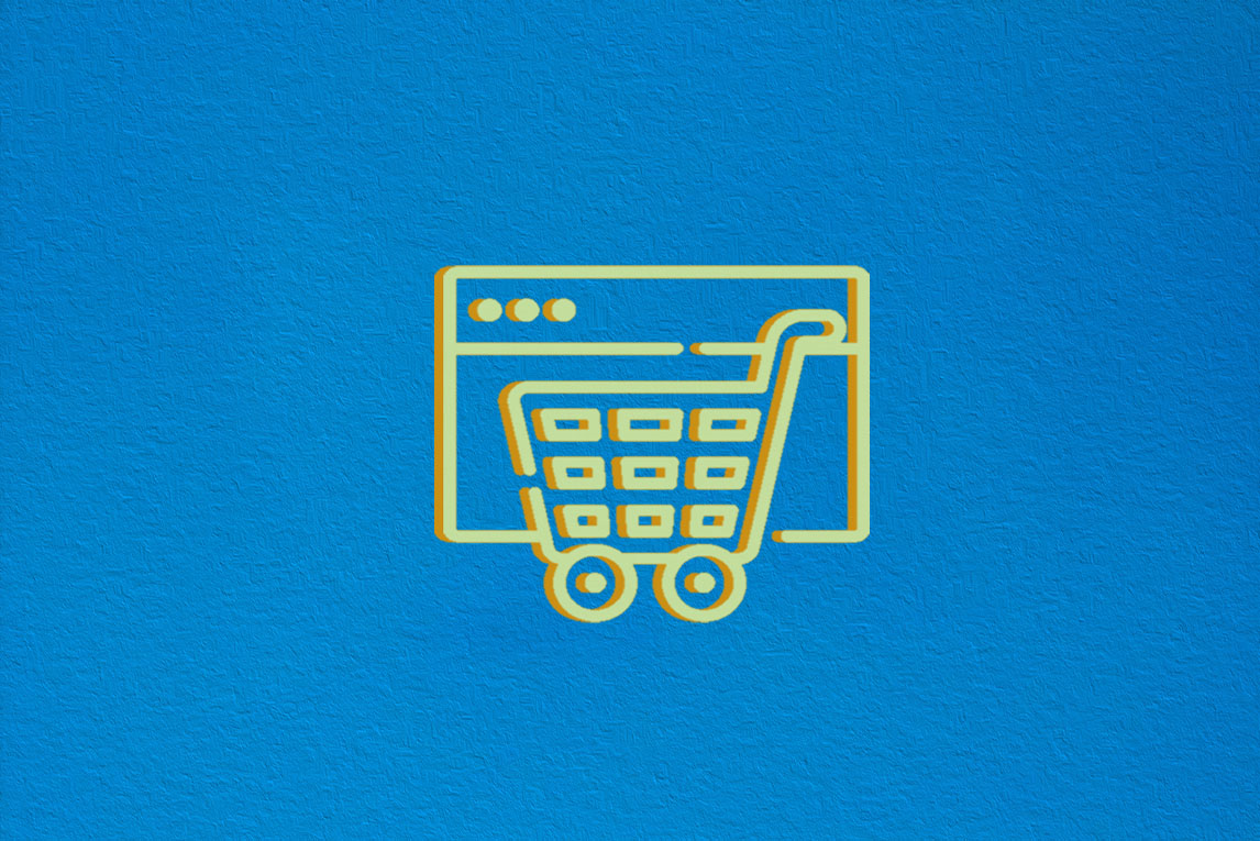 An orange shopping cart on a blue background